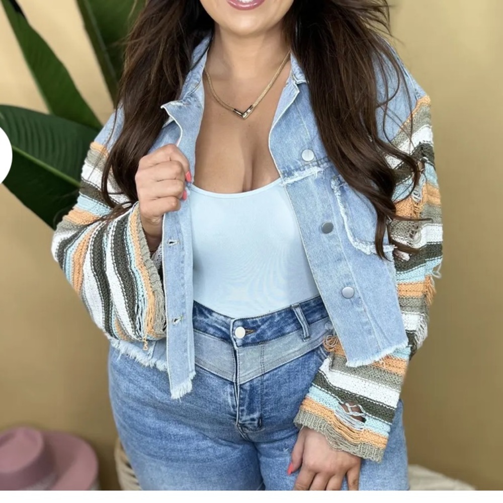 Boho distressed sleeve jean jacket